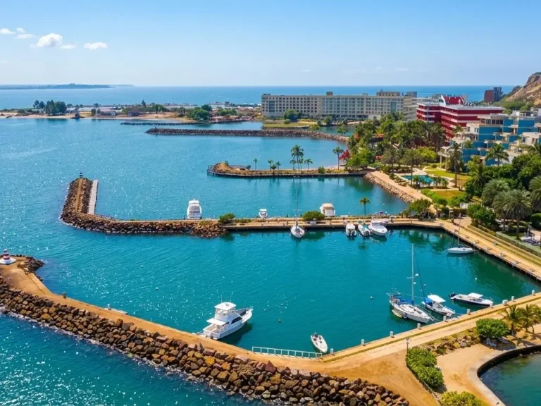 Vista aérea de una marina en Lechería con yates, rompeolas de piedra y hoteles frente al mar