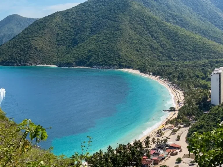 Playa de arena clara y agua turquesa rodeada de montañas verdes en la costa de Aragua