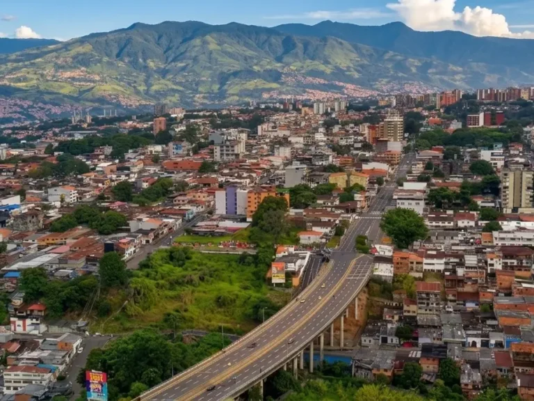 Vista aérea de San Cristóbal con un viaducto, barrios y edificios rodeados de montañas verdes