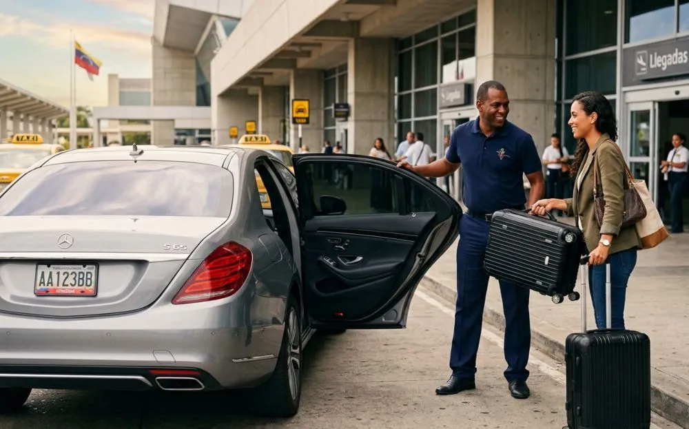 Chofer privado ayudando a una pasajera con su equipaje en un aeropuerto de Venezuela