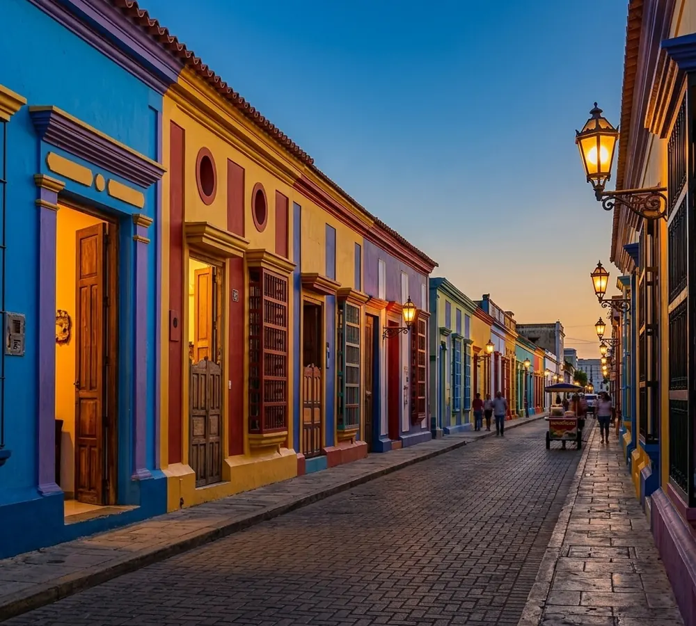 Calle Carabobo de Maracaibo al atardecer, con sus casas coloniales de fachadas de colores y faros prendidos