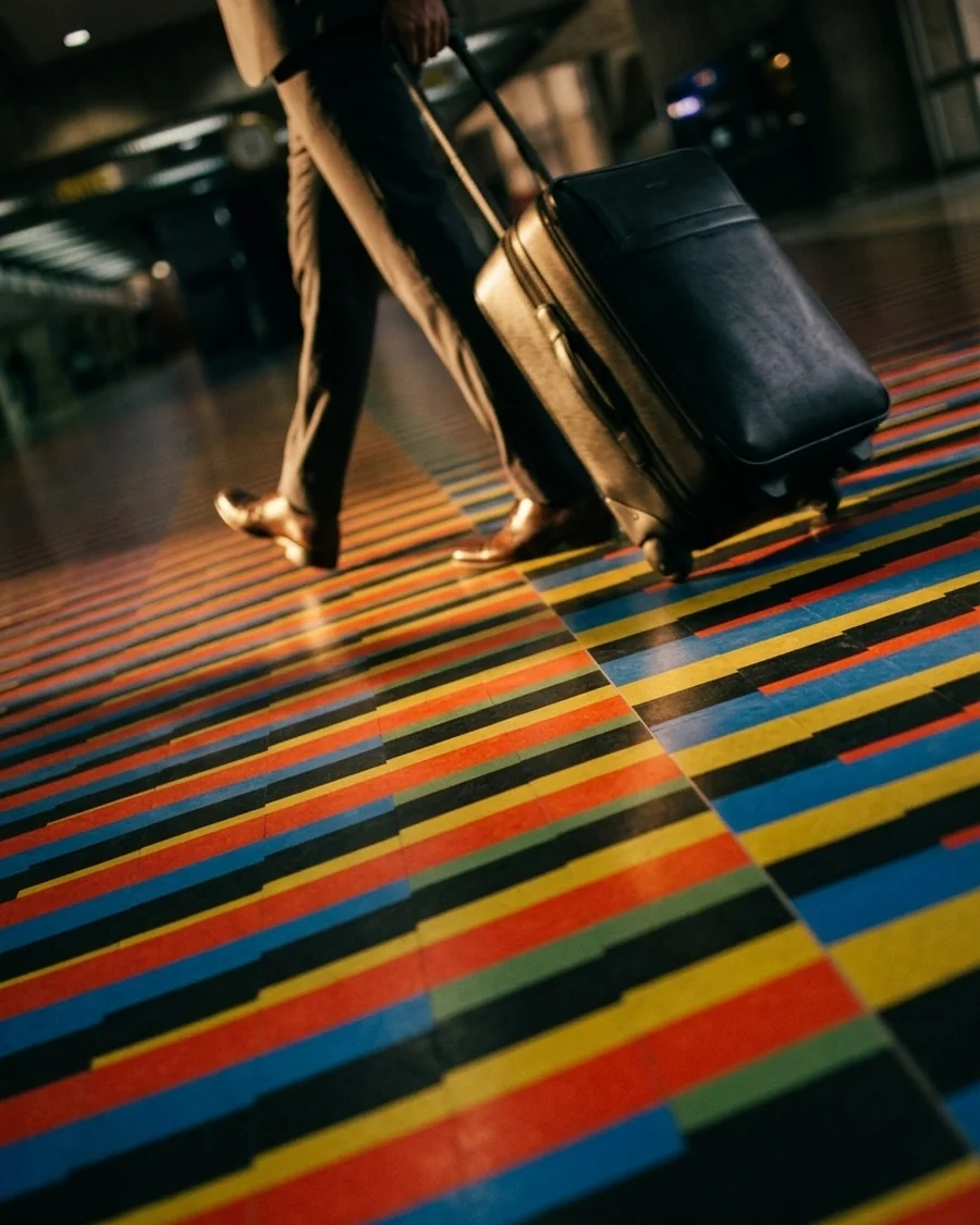 Pasajero caminando con una maleta de mano por el pasillo del aeropuerto Maiquetia en Venezuela
