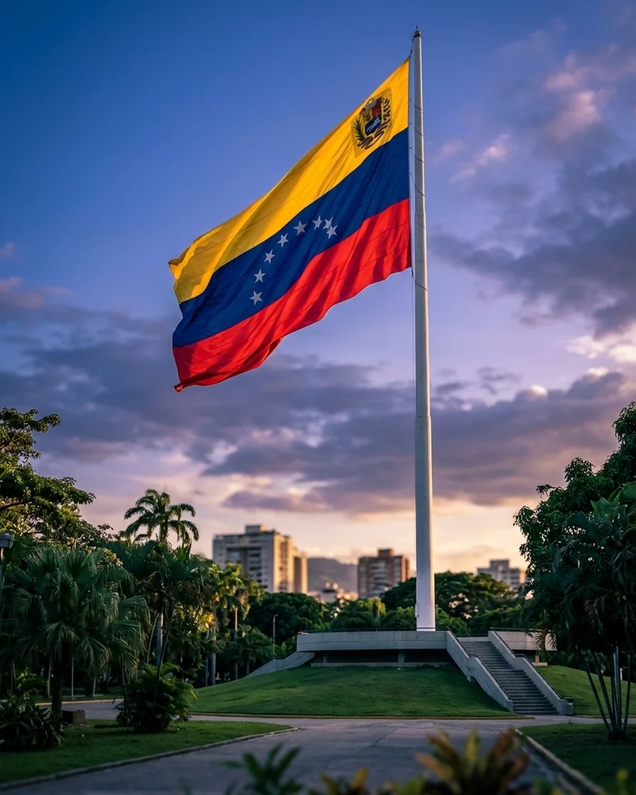 Bandera de Venezuela ondeando en un mástil alto del Parque Fernando Peñalver en Valencia, con palmeras y el skyline de la ciudad al atardecer