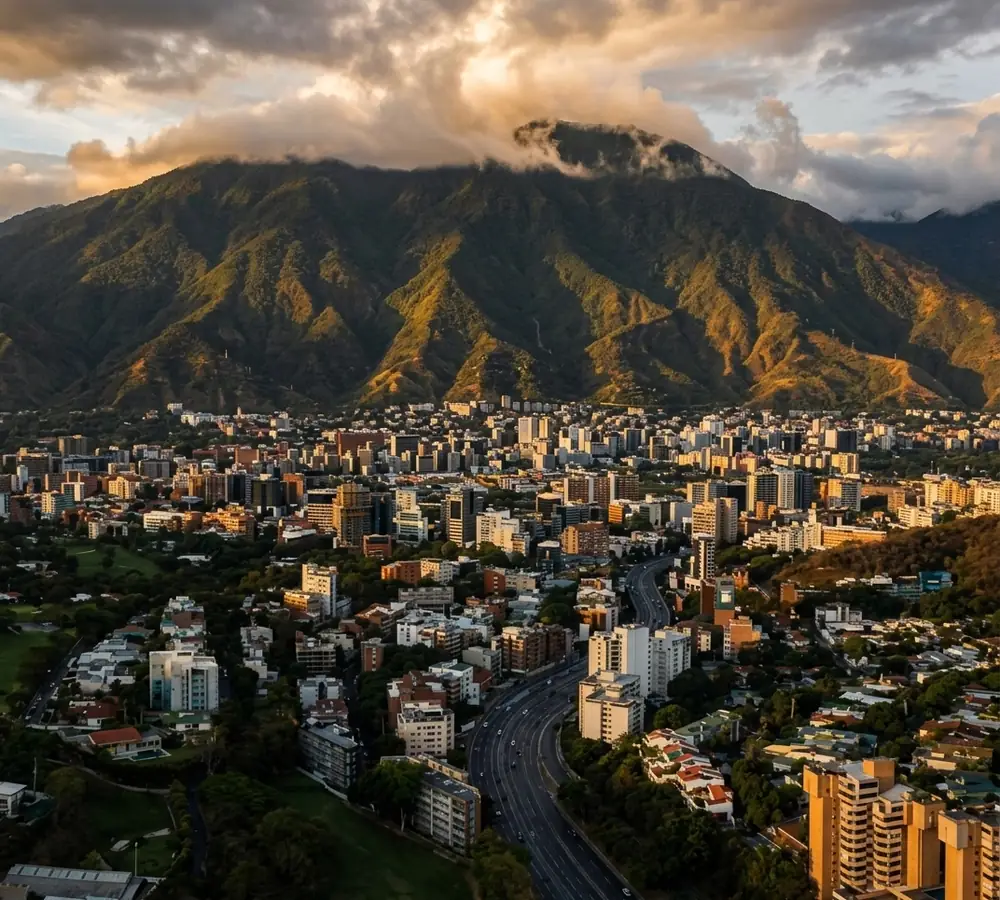Vista aérea de Caracas al atardecer con el cerro El Ávila cubierto de nubes al fondo y la autopista atravesando la ciudad