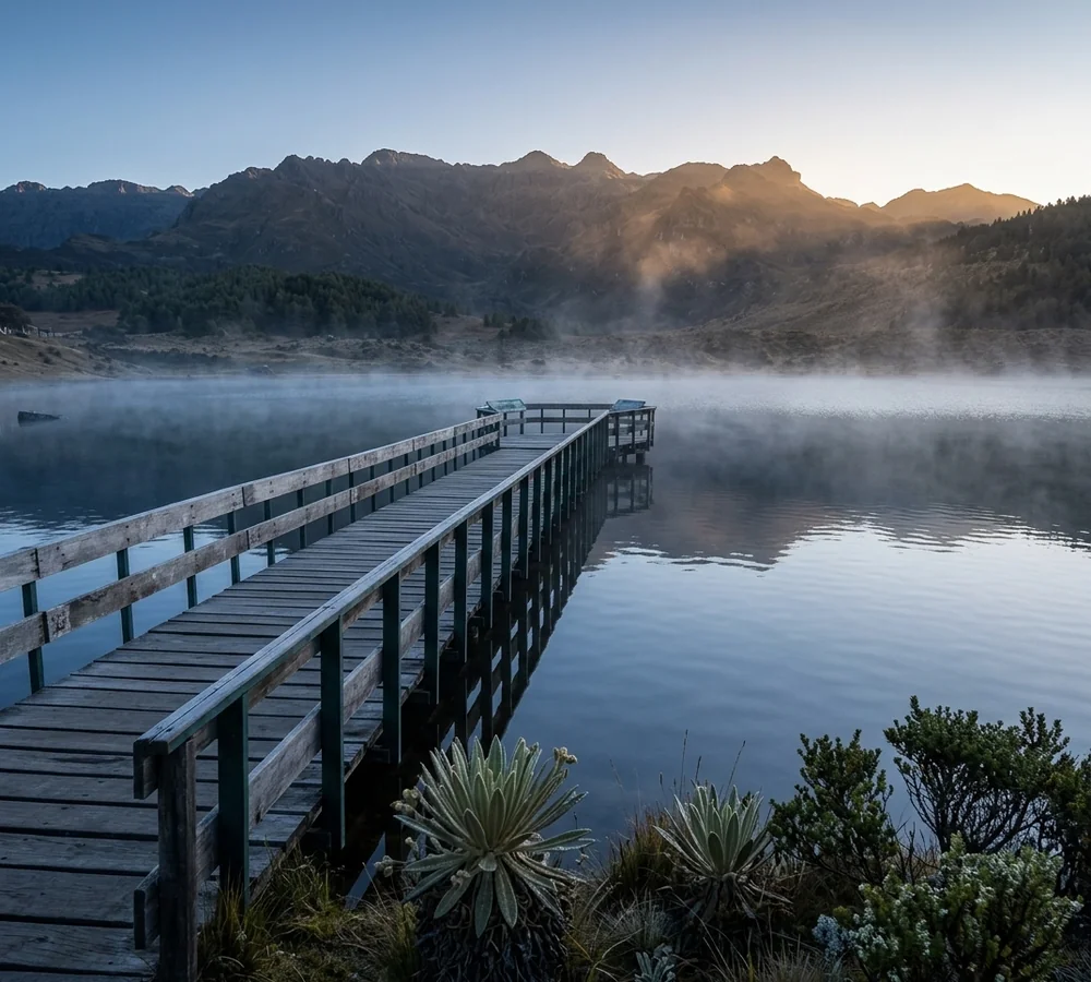 Muelle de madera sobre la Laguna de Mucubají al amanecer en Merida Venezuela