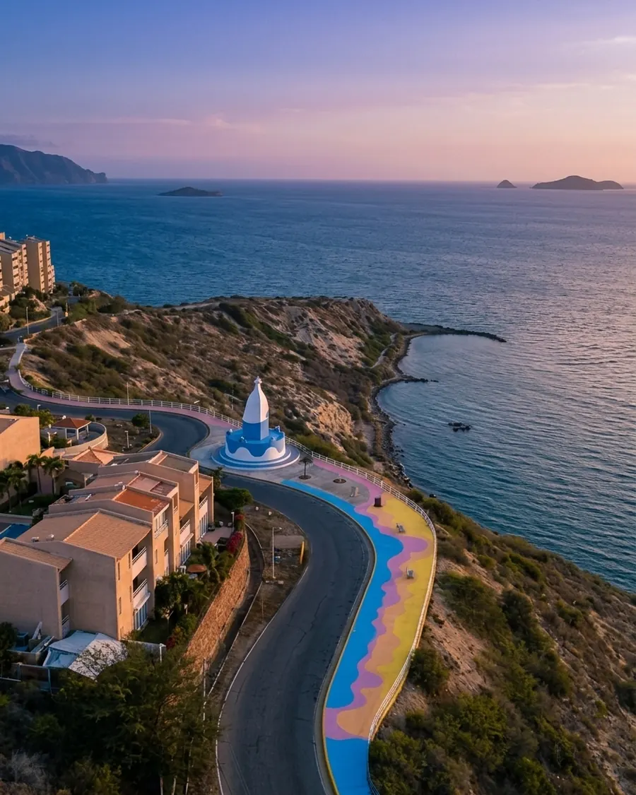 Vista aérea del monumento blanco y azul junto a la carretera costera de Lecherías al atardecer, con el mar Caribe e islotes al fondo