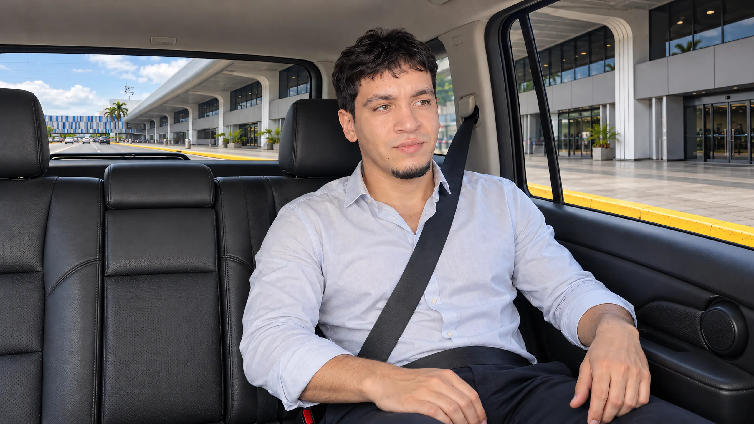 Pasajero con camisa celeste y cinturón puesto en el asiento trasero de un vehículo con interior de cuero negro, frente a la terminal del Aeropuerto Internacional de Maiquetía